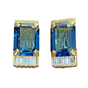 Vintage SAL Clip On Earrings Swarovski Sapphire Blue & White Rhinestone Baguette